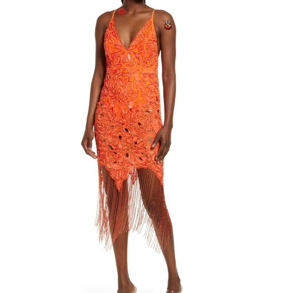 ASOS Orange Sequin Fringe Midi Slip Dress New Size 8 - Picture 3 of 16